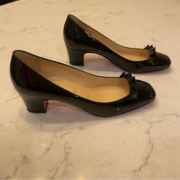 NWT ❤️ Christian Louboutin Pyramidame 45 Black Parent Square Toe Pump w/ Spikes - Picture 3 of 11